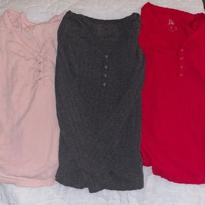 3 long sleeve tees in red pink and grey